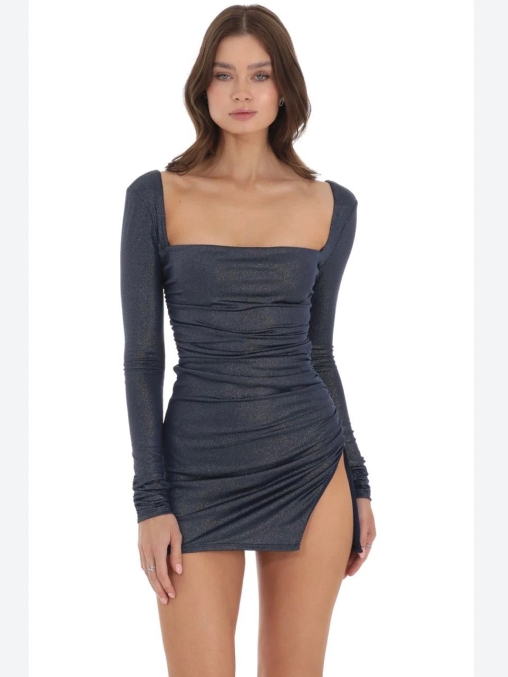 Lucy In The Sky Navy Shimmer Long Sleeve Side Slit Mini Dress Size Medium